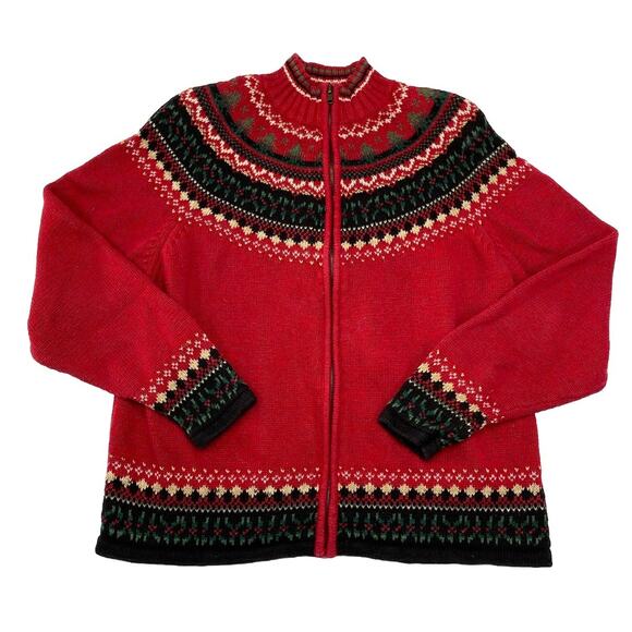 Vintage Woman’s Full Zip L Cardigan Sweater Fair Isle Mock Neck Red Cotton - Picture 1 of 4